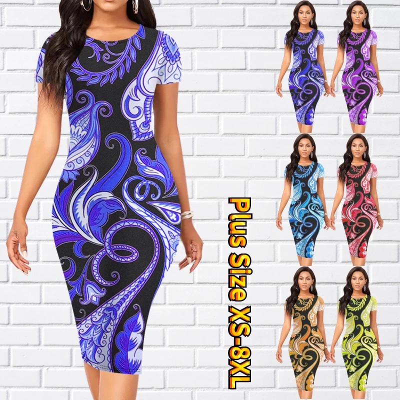 

Женское платье с коротким рукавом, повседневное облегающее платье до колен с круглым вырезом и принтом, лето 2023