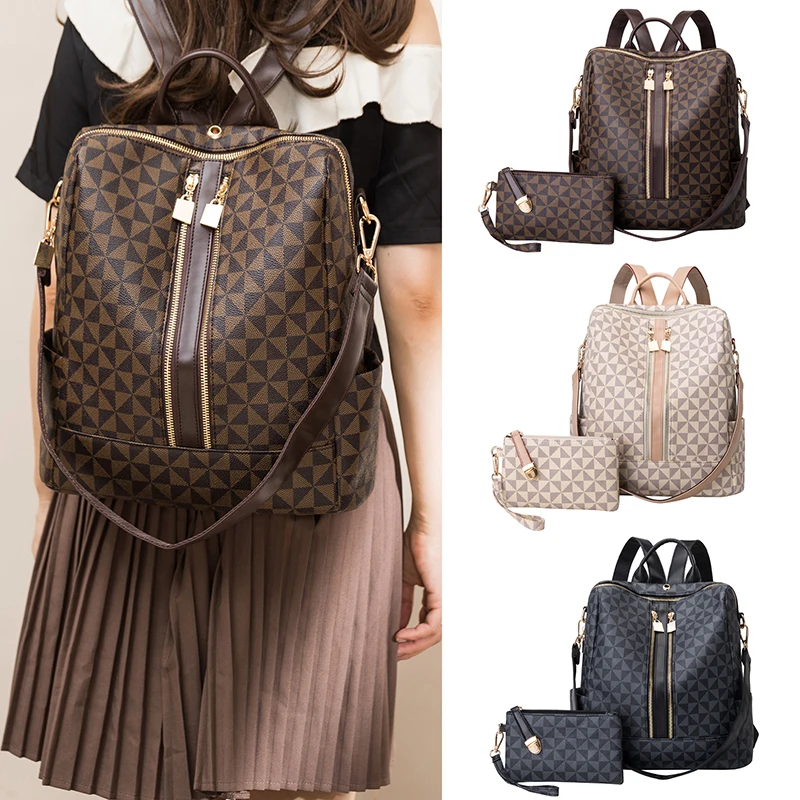 

New Classic Fashion Ladies Pu Leather Backpack Set Large Capacity Mochila Women's Rucksack Personality Backpack HA207