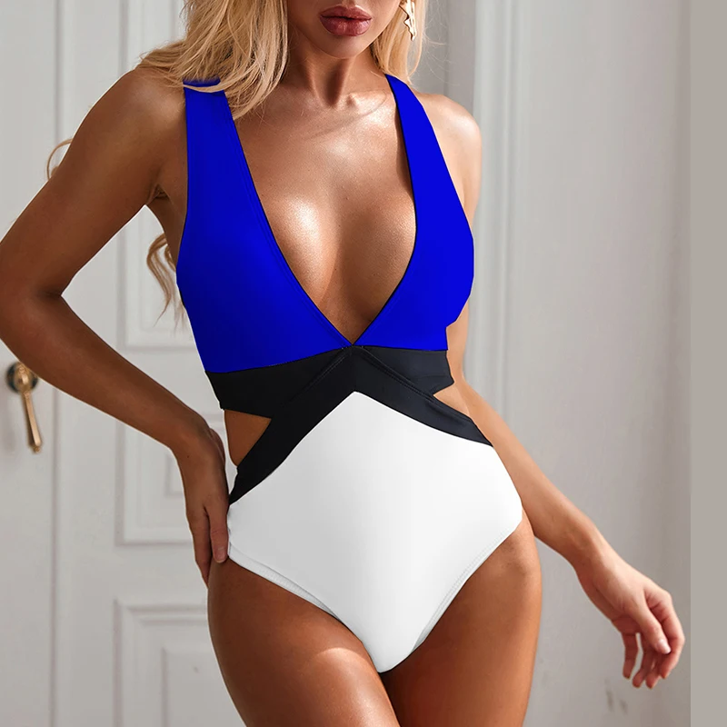 New Sexy Patchwork V Neck One Piece Swimsuit Women Swimwear Female Backless Monokini High cut Bathing Suit Swim Bodysuit