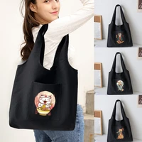 ladies shopping tote bag reusable shopper organizer casual canvas large capacity foldable japan cat printed shoulder bag handbag