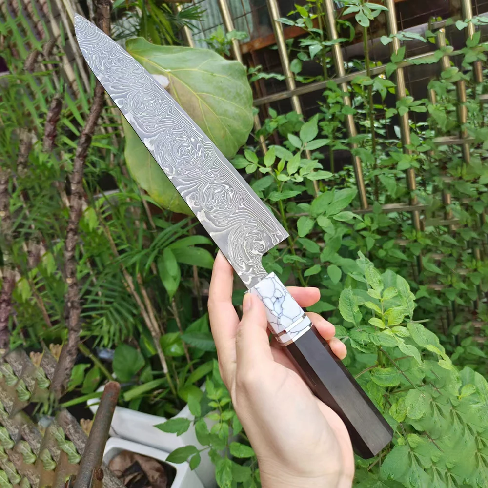 Нож шеф-повара 67 слоев дамасское лезвие из стали VG10 черное дерево и бирюзовая