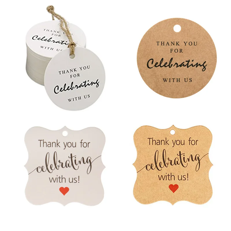 

100Pcs Kraft Paper Gift Tags thank you for Celebrating with Us labels handmade for wedding party decoration Packaging Hang paper