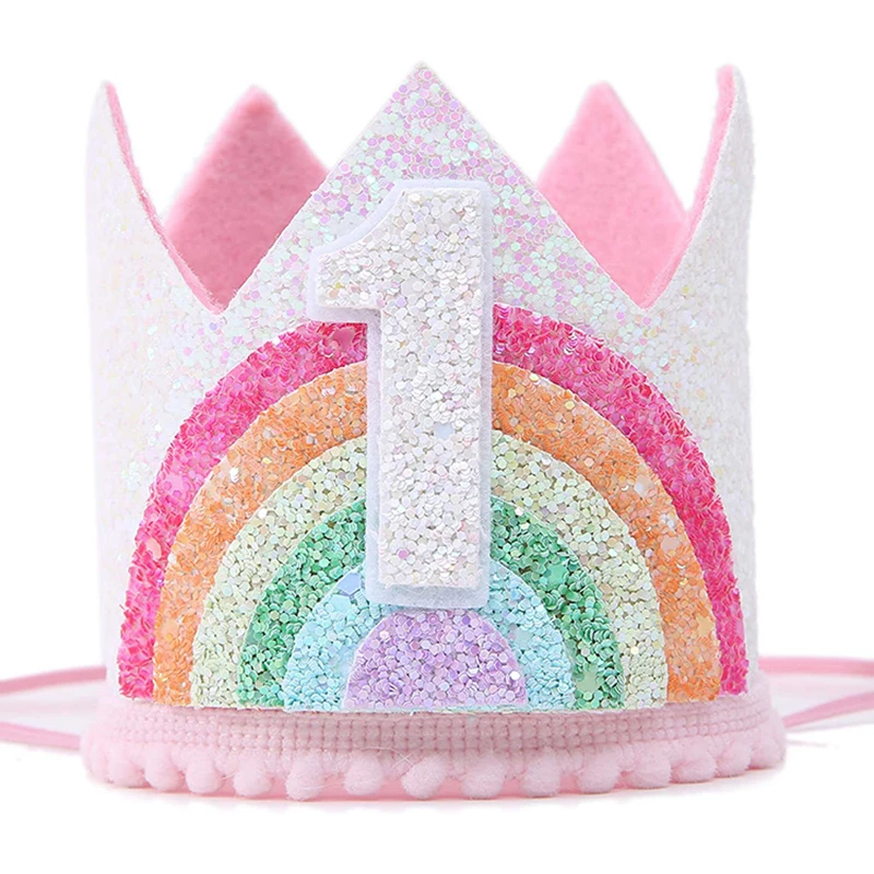 

1pcs 1Year Old Baby Birthday Party Pink Crown 1st 2nd 3rd Color Powder Crown Headband Hat Unicorn Kids Girl Baby Shower Supplies