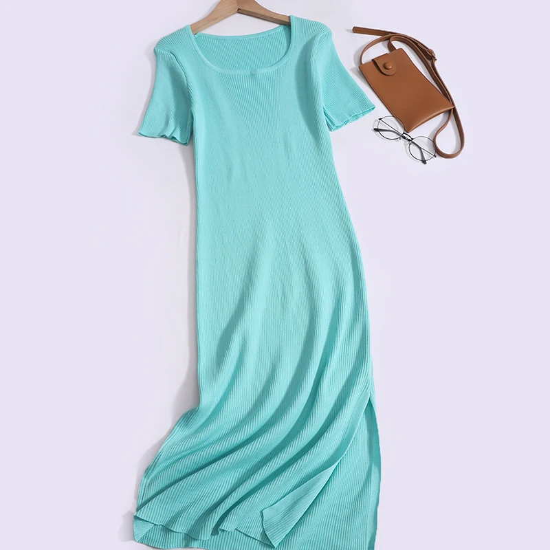 

Elegant Split Vintage Slim Fit Dress for Women Summer Short Sleeve Dress New Square Neck Skinny Solid Color Maxi Knitted Dress