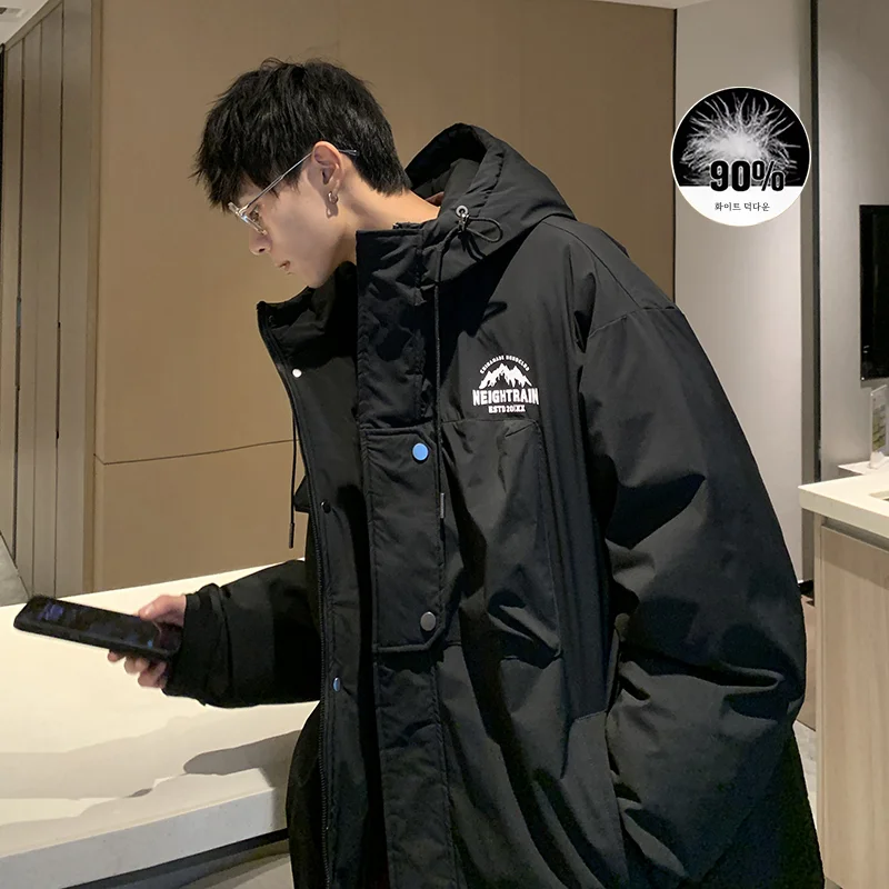 Пуховик мужской на белом утином пуху свободная куртка-карго с капюшоном