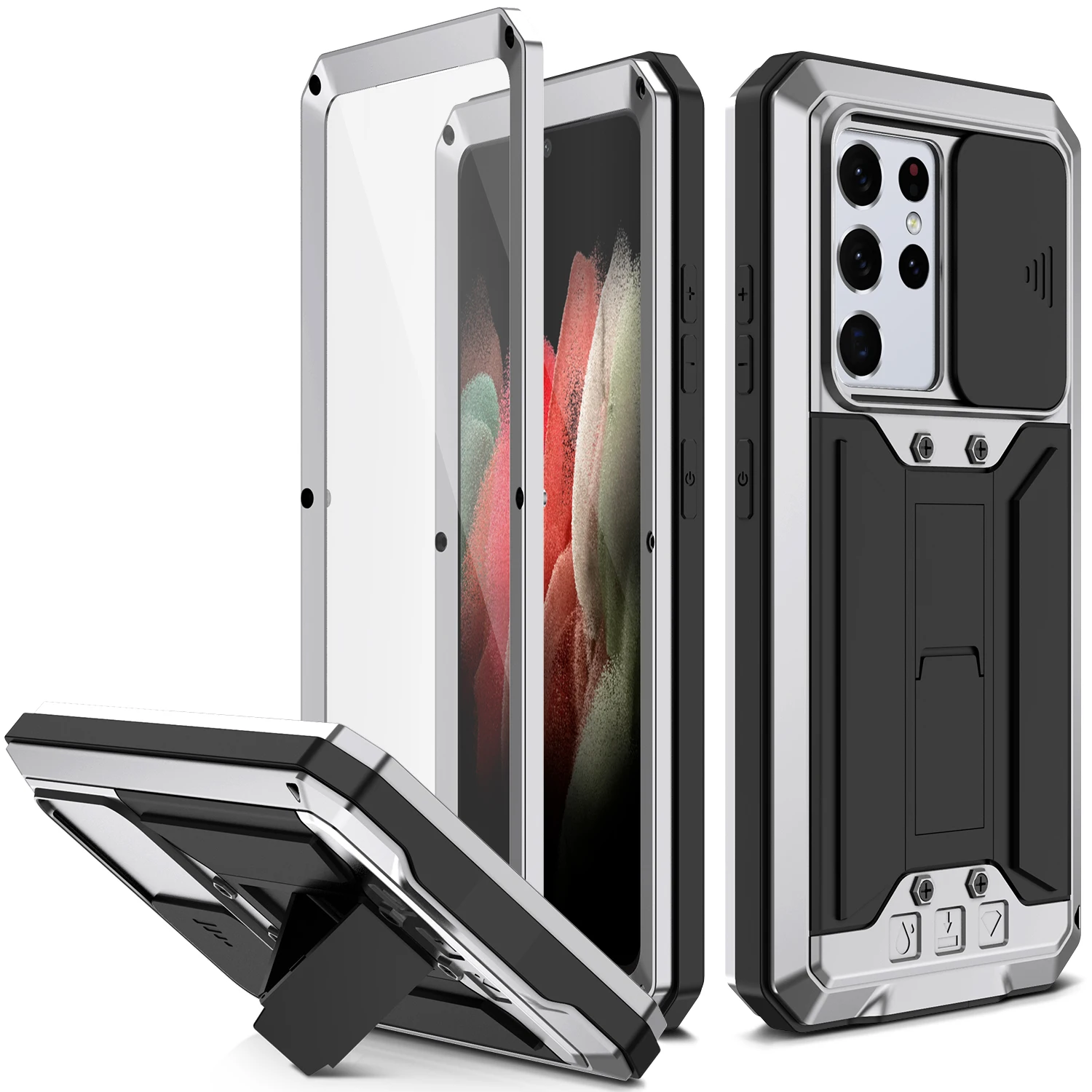 

Sliding Camera Protective Case For Samsung Galaxy S21 Ultra Metal Armor Aluminum Tempered Glass Cover For Samsung Galaxy S21 FE