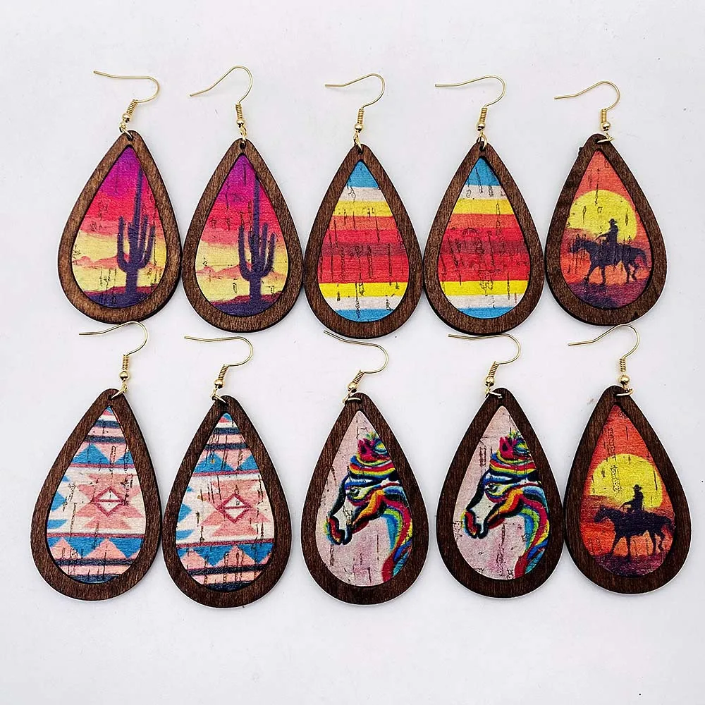

West Cowboy Color Printing Scenery Cork Leather Wood Teardrop Earrings for Women Fashion Art Earring for Women Jewelry Wholesale