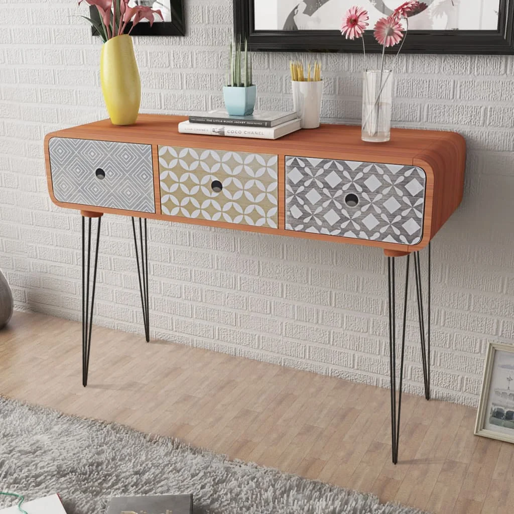 

Console Table with 3 Drawers , MDF + steel End Table, Side Table, Bedrooms Furniture Brown 99 x 35.5 x 70 cm