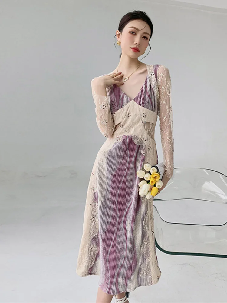 Lace Dress Ankle-Length Dress Women's Summer V-neck Waist-Slimming Dress