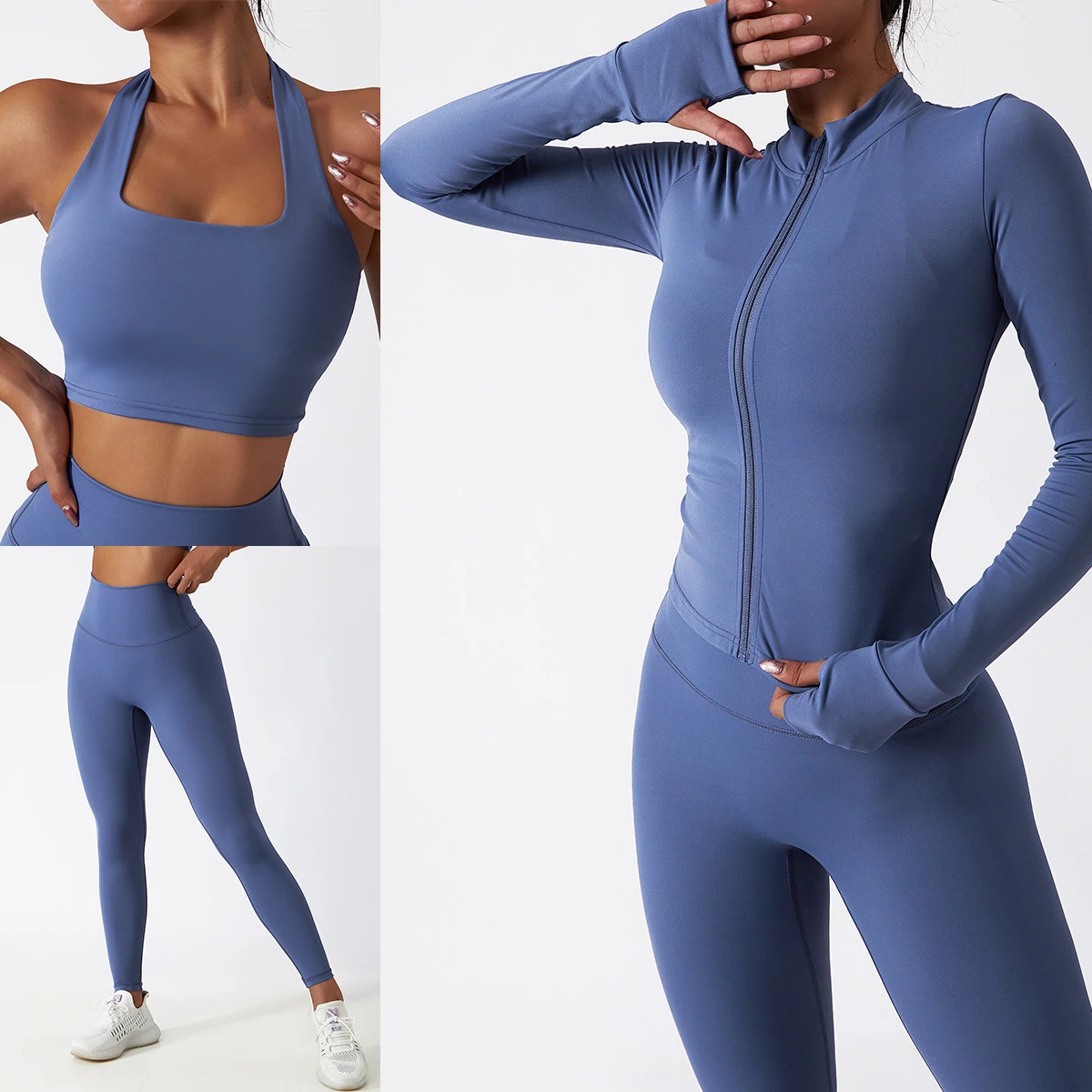 

Women’s Yoga Outfits Seamless Halter Neck Sports Bras Crop Top High Waist Leggings Athletic Workout Zip Up Jacket Activewear