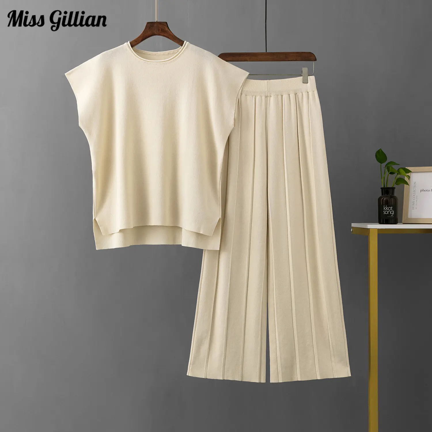 

Sleeveless Knitted Set Woman 2 Pieces Tops and Wide Leg Pants Outfits Fashion 2023 Spring Autumn Casual Tracksuit Female Clothes