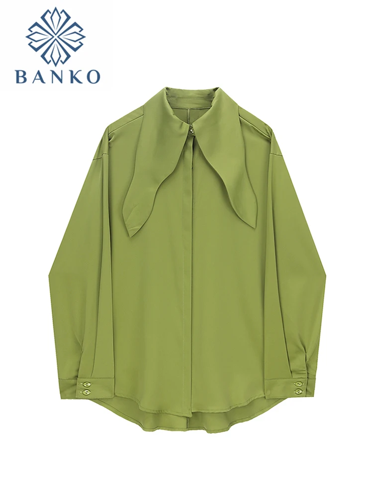 Spring Autumn New 2022 Womens Clothing Solid Lace Up Long Sleeve Casual Shirts Vintage Silk Office Lady Overshirt Green Blouse