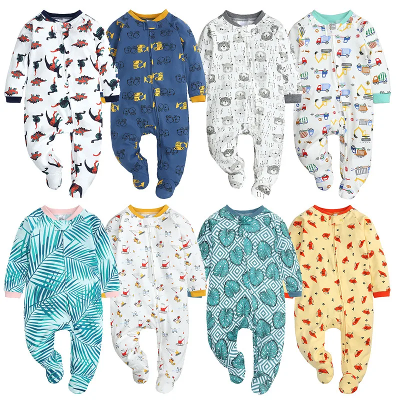 Spring Cartoon Newborn Baby Romper with Double Zippers Print Baby Girl Romper Baby Boy Jumpsuit Sleepwear Newborn Baby Clothes