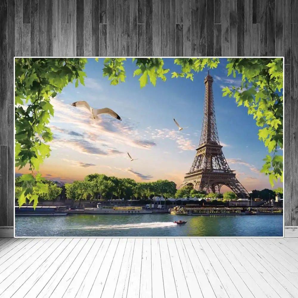 

Eiffel Tower Photography Backgrounds Lake Sea Gull Boat Sunsetting Landmark Scenic Spots Backdrop Photographic Portrait Props