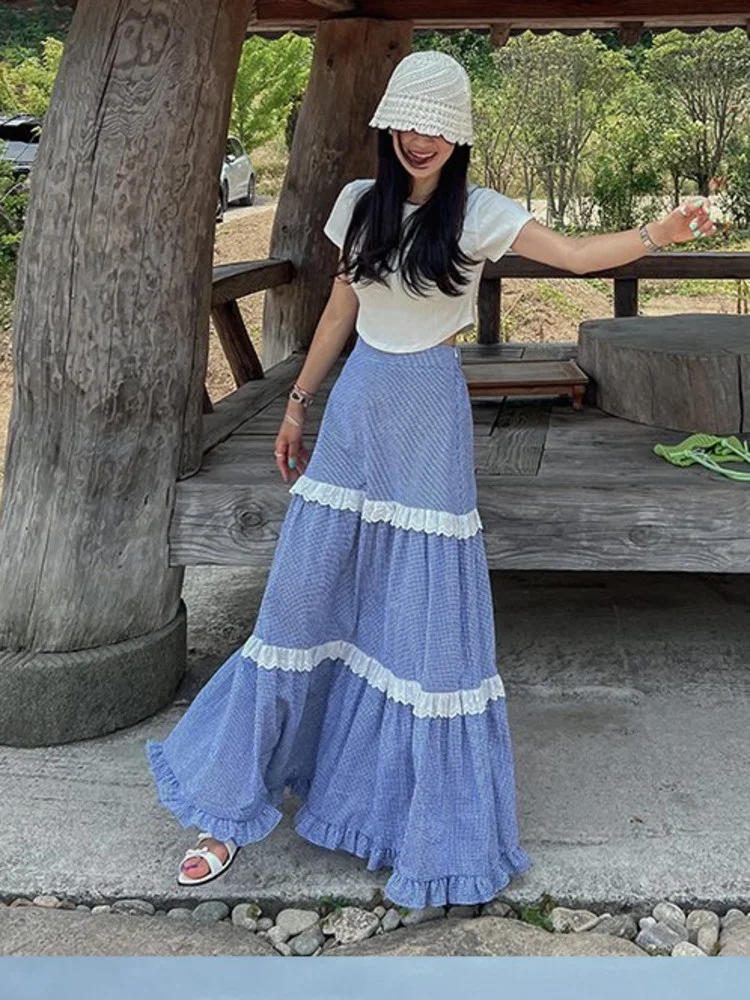 

All-match Clothing Elegant Korean Chic Vintage Plaid Stitching Lace High Waist Skirt Mujer Faldas 2022 Autumn New G726