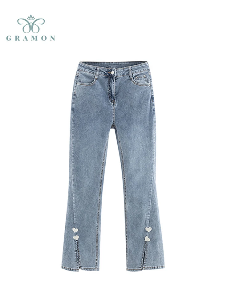 

2022 Autumn New Fashion Slit Fork Jeans Women High Waist Straight Denim Pants Women Washed Blue Casual Female Slim Denim Trouser