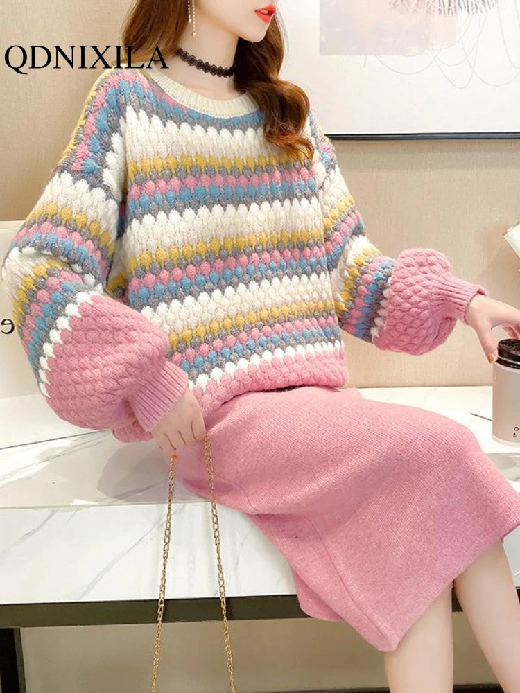 

Dresses Sets Sweater 2023 Autumn Winter New In Loose Fashion Pullover Knitted Two Piece Set for Women Skirts Clothes for Women