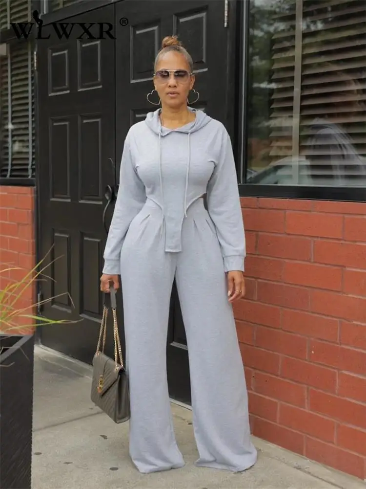 

WLWXR Осенняя свободная уличная одежда комплект из двух предметов Свитшот Женская одежда с длинным рукавом с капюшоном черные брюки подходящие комплекты для женщин