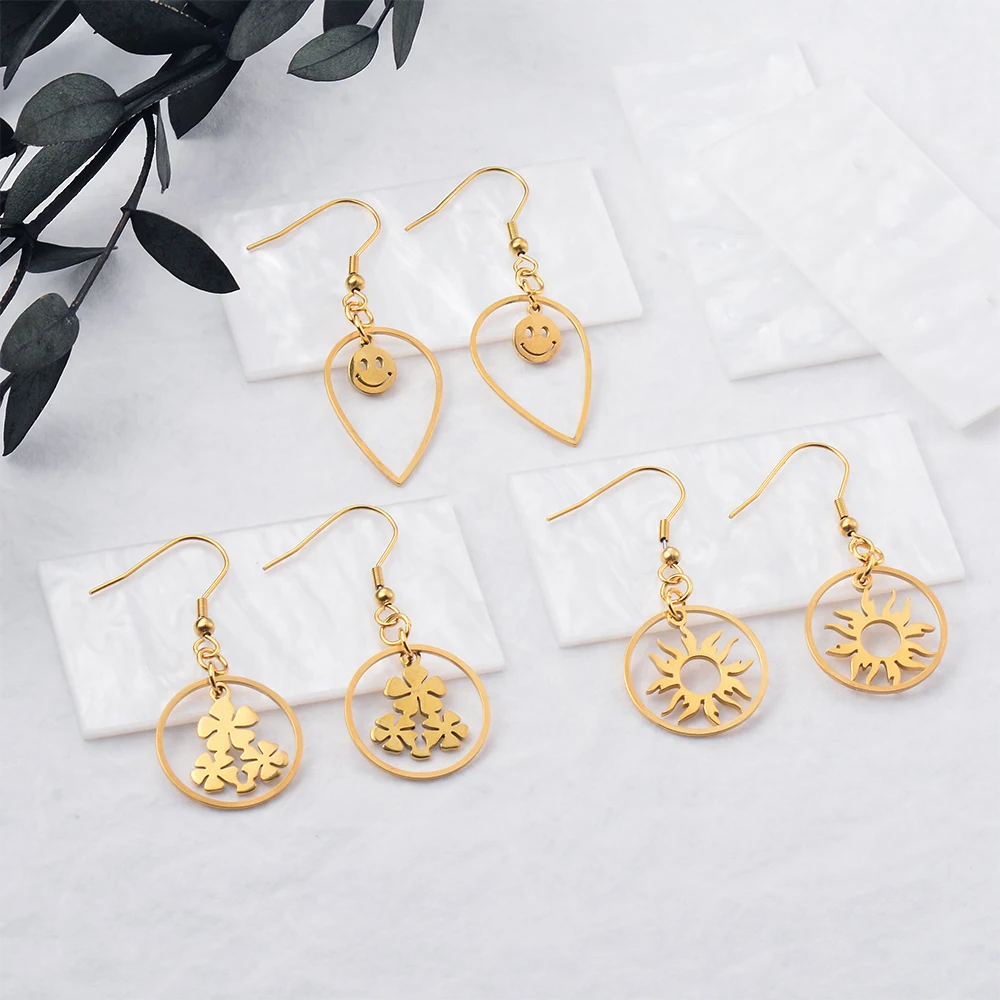 

Women Dangle Earrings Stainless Steel Drop Fashion Handmade Gold Color Flower Sun Charm Girls Jewelry