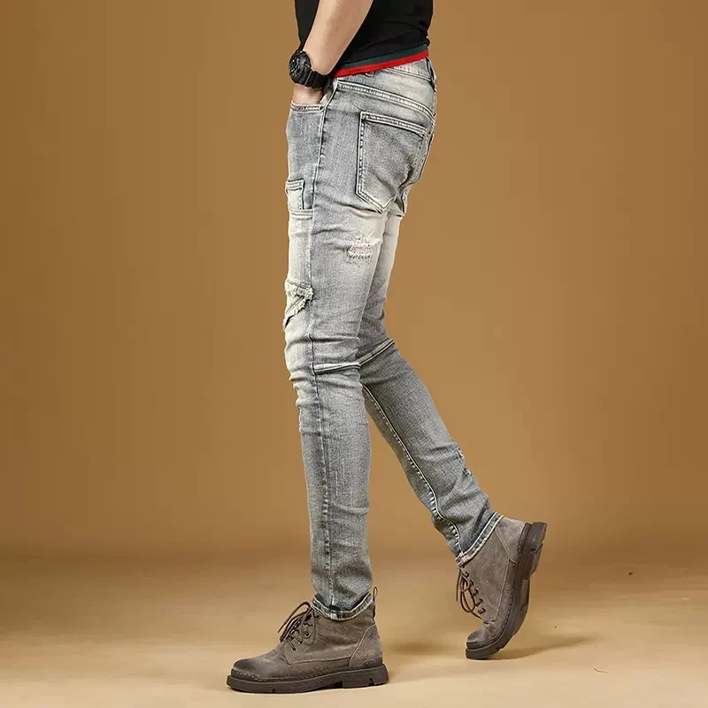 Summer Light Blue Ripped Jeans Men Streetwear Slim Fit Pencil Pants Casual Patchwork Burr Stretch Denim Trousers