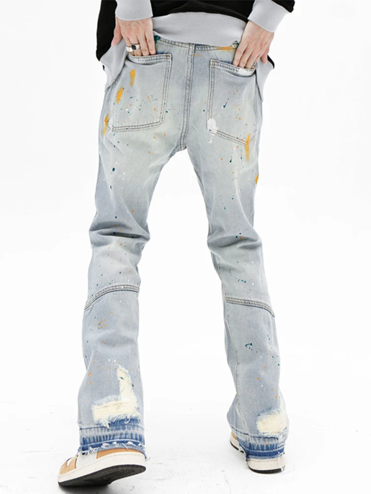 European and American VIBE wind splash ink graffiti hip -hop rap street style retro Y2K trousers loose micro -flared pants JEANS