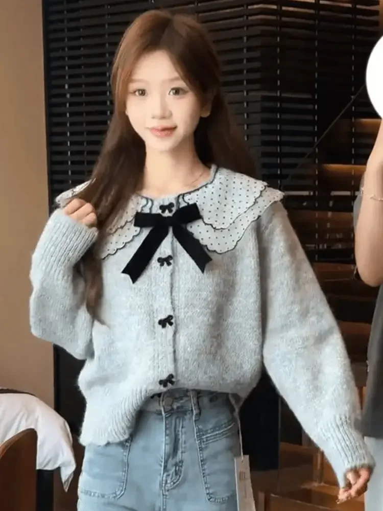 Korejepo Нежный сладкий свитер с кукольным воротником и бантом женский осенний