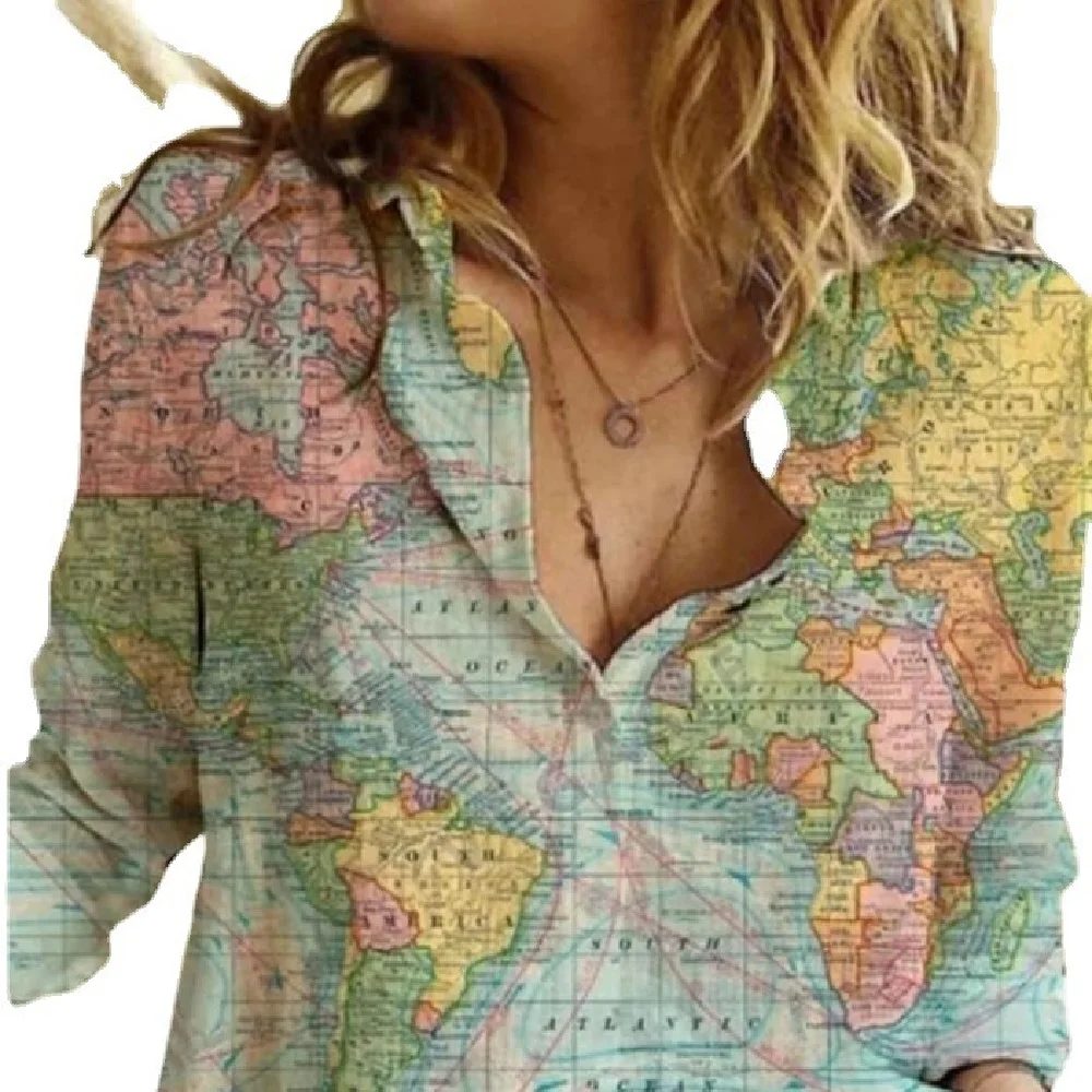 2022 Summer New Map Drawing Printed Long Sleeve Shirts Casual Women's Shirts Lapel Button Tops Fashion Loose Oversized Outerwear