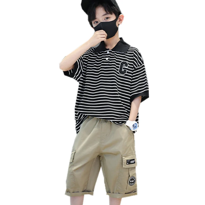 

2022 New Summer Kids Children Polo Shirt + Pants 2 Pieces Set Teenage Boys Casual Striped Clothes Fashion Cotton Tracksuit 4-14Y