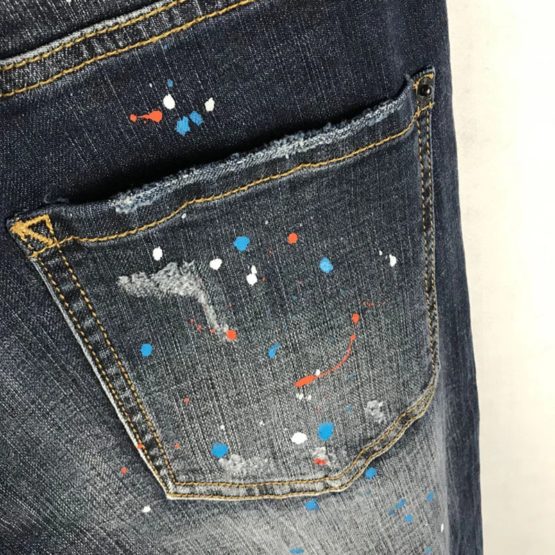 Street Fashion Men Jeans Retro Blue Elastic Slim Ripped Jeans Men Stretch Trousers Painted Designer Hip Hop Brand Pants Hombre