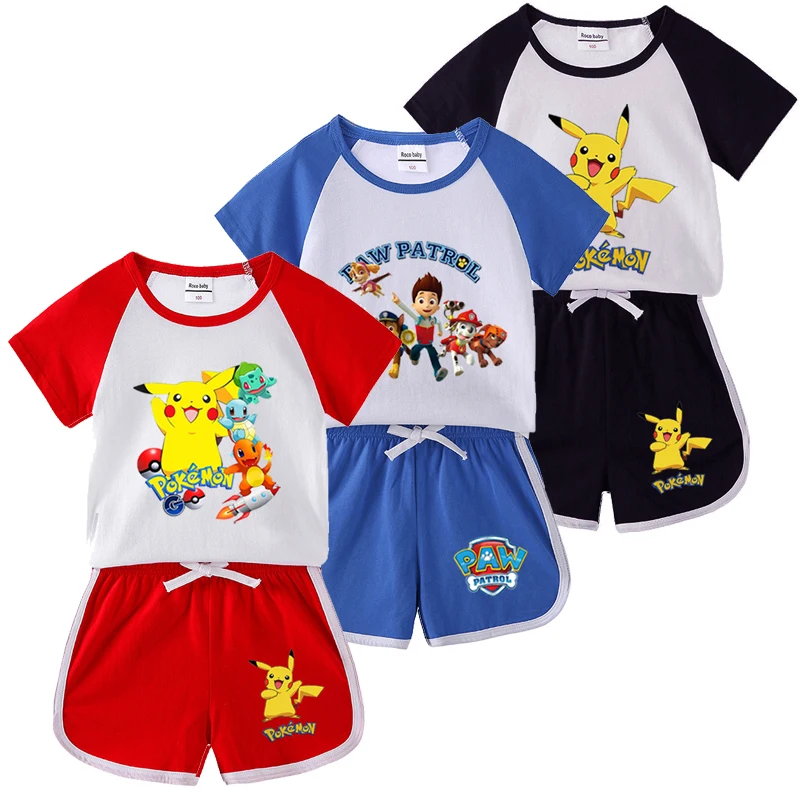 

Baby Girls Pikachu Cotton T-Shirt + Shorts 2 Pcs Set Cartoon Pokemon Child Clothing Sets Boys PAW Patrol Sports Suit for Summer