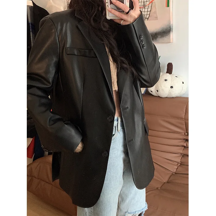 Pu Spring New European and American Retro Modern Silhouette Suit Jacket Trend Joint High-End Loose Casual Leather Jacket Women enlarge