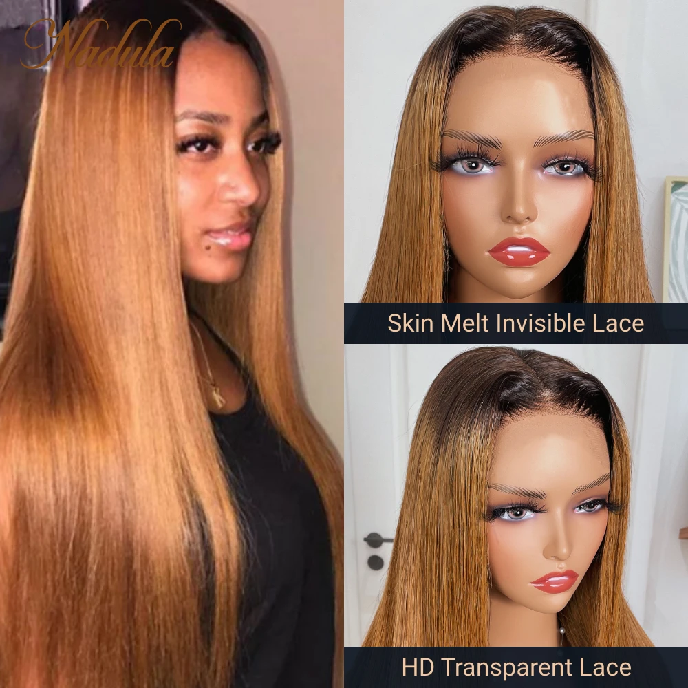 Nadula Hair Bone Straight Hair Wigs Light Auburn Omber With Dark Roots 5X5 HD Lace Closure 180% Density Straight Human Hair Wigs