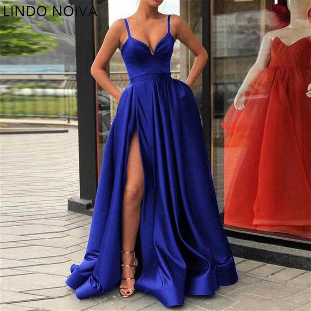 

LINDO NOIVA Side Slit A-Line Evening Dress Prom Dress Royal Blue Spaghetti Straps Sweetheart Sexy Vestidos De Fiesta De Noche