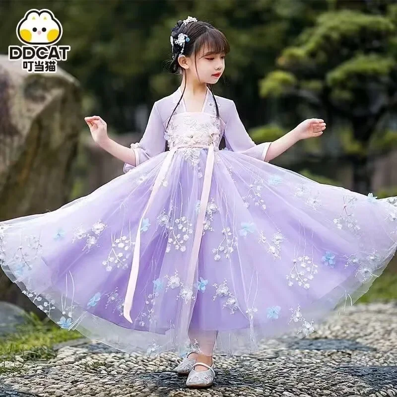 Стильное летнее платье Hanfu для девочек новый дизайн 2024 детское принцессы