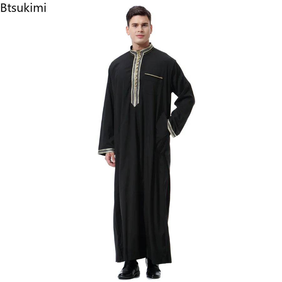 Muslim Men O-Neck Arabic Abaya Islamic Clothing Dubai Kaftan Long Sleeves Adult Jubba Thobe Pakistan Men Clothing Prayer Clothes
