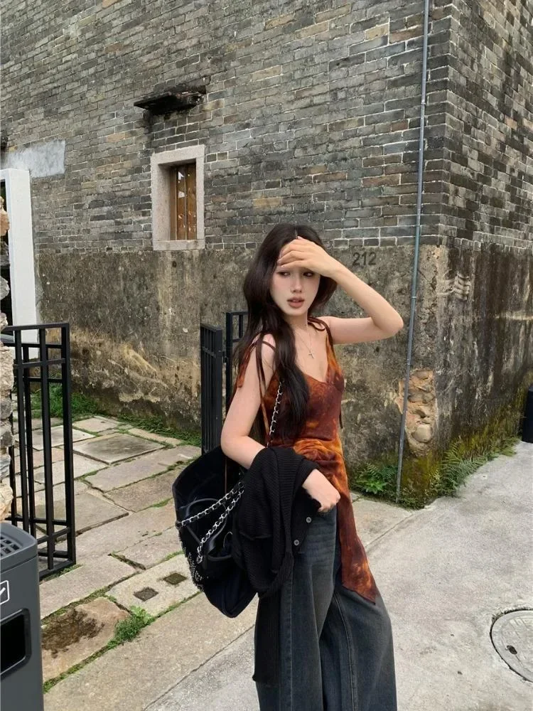 Американский ретро-майка с принтом тай-дай жилет v-образным вырезом для женщин Y2k