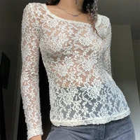 2022 new fashion y2k lace trim mesh crop tops 90s aesthetics patchwork square neck long sleeve white sexy tees summer t shirts