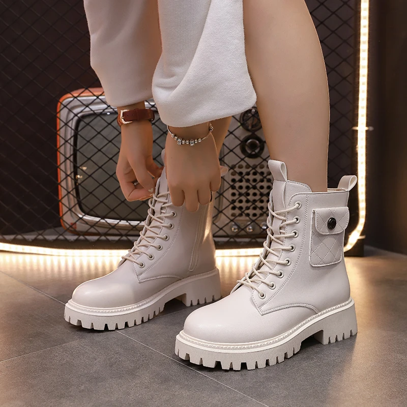 

2022 Autumn Fashion Platform Boots White Lace Up Punk Ankle Boot For Women Soft Round Toe Combat Black Boots Ladies Shoes