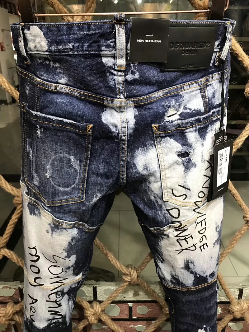 New Men's Dsquared2 Buttons Jeans Ripped For Male Skinny  Pants Men's Denim Trousers Top Quality Slim Jeans A136