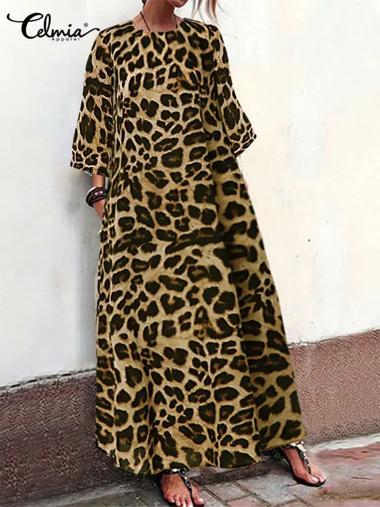 

Celmia Casual Loose Leisure Vestido Women Leopard Print Kaftan Maxi Dress 2023 Fashion 3/4 Sleeve O Neck Dress Holiday Long Robe