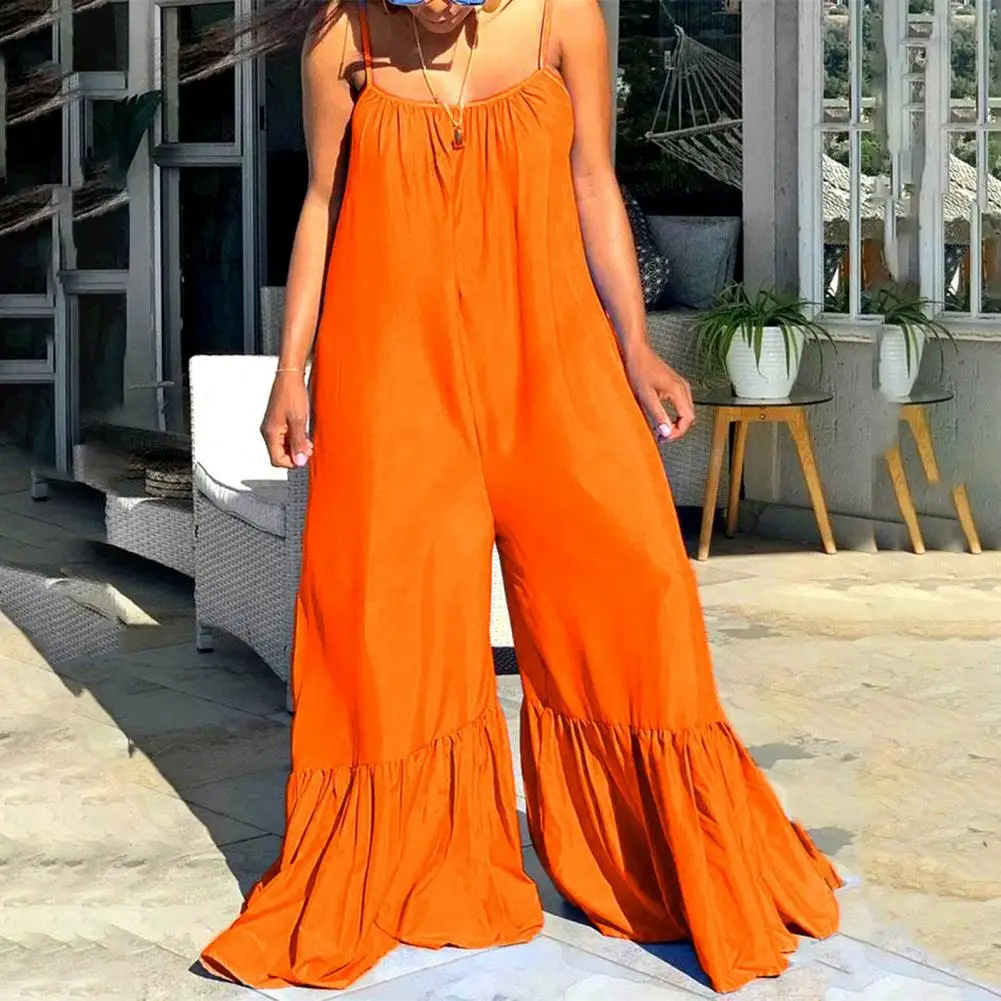 

Женский свободный комбинезон, Длинные Комбинезоны на бретелях-спагетти с расклешенными брюками, 2022