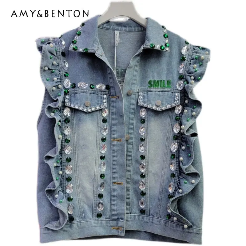 Exquisite Rhinestone Sequined Letters Denim Vest Women's Waistcoat 2023 Short Spring Summer Jeans Vest Coats Sleeveless Jackets