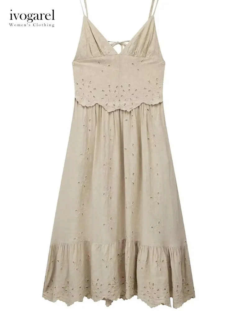

Ivogarel Elegant Embroidered Linen Blend Midi Dress Romantic V-Neck Summer Dress with Open Back and Delicate Cutwork Embroidery