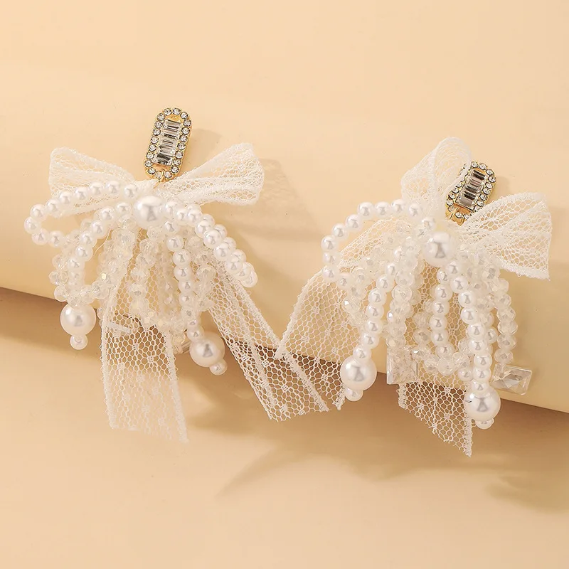 

European and American Women Pearl Rhinestone-Encrusted Zircon Lace Bow Stud Earrings Ins French Earrings