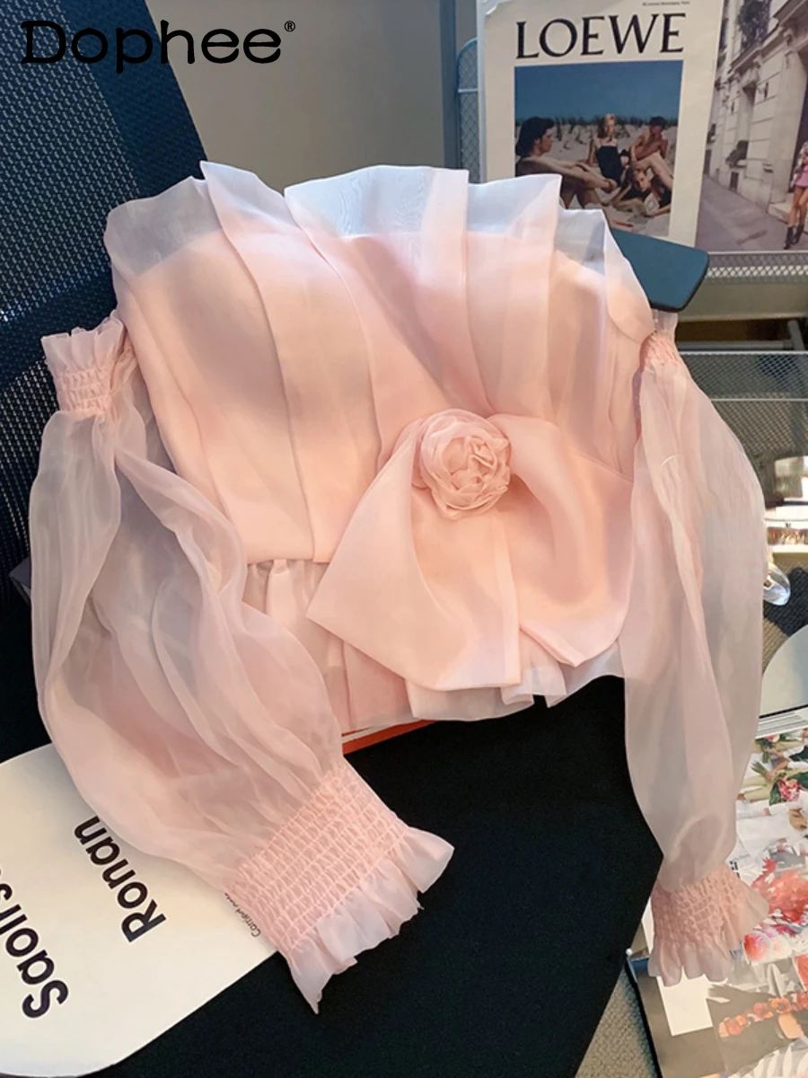 

Pink Flower Mesh Strap Shirt Blouse Women's 2022 Summer New Clothes Temperament Sweet Sexy Off-Shoulder Long Sleeve Blusas Top