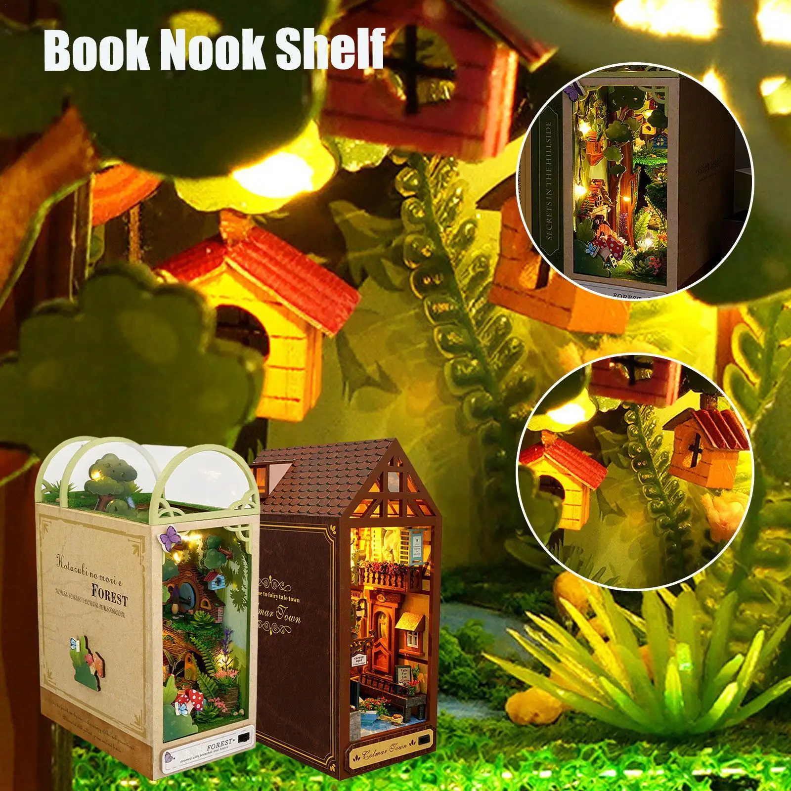 

Creative DIY Wooden Book Nook Shelf Insert Kit Miniature Houses Tale Town Bookshelf Gifts Toys Doll Fairy Girls Forest Xmas X7E9