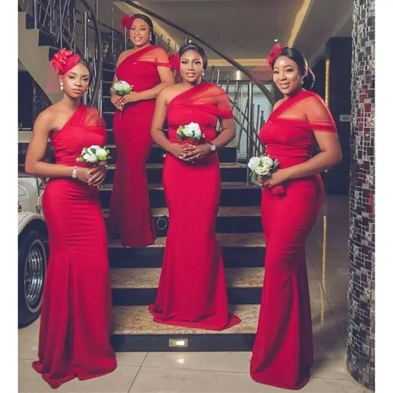 

BLUE Red Bridesmaid Dresses 2023 Mermaid Sceeps Side Split One Shouder Lace Applique Satin Zipper Up Wedding Party Gowns Custom