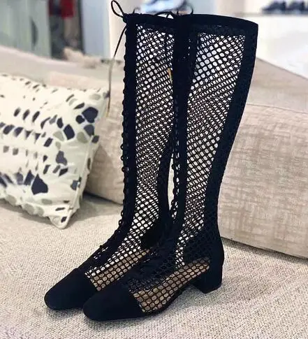 

Moraima Snc Cutouts Knee High Boots Summer Mesh Grid Chunky Heels Lace-up Sandal Boots Black Nude Sexy Shoes