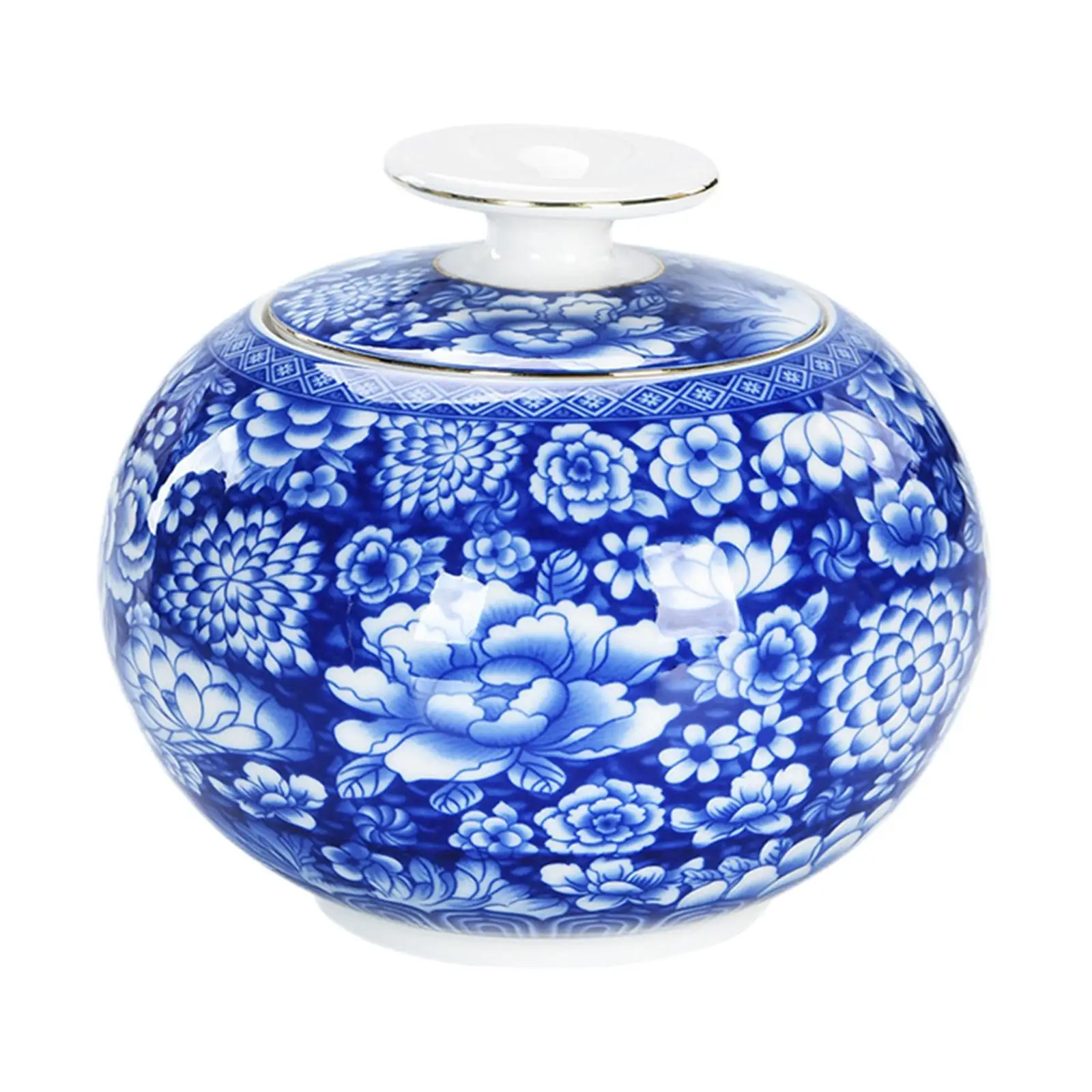

Blue and White Ceramic Jar Container with Sealed Lid Floral Arrangement