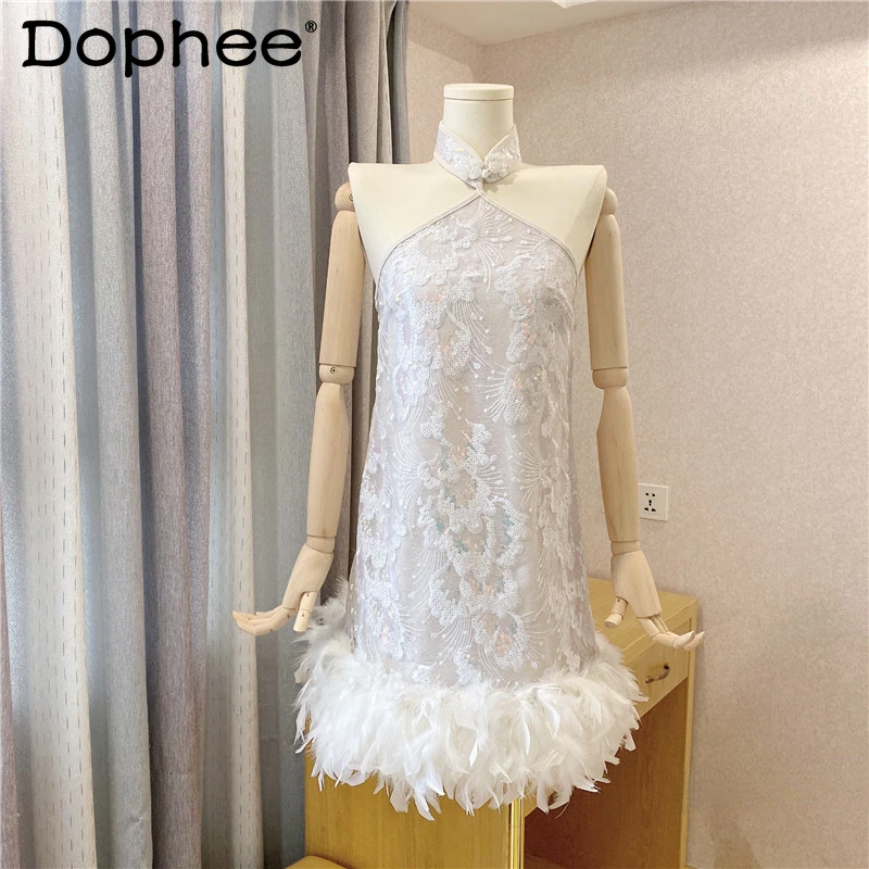 Dresses for Women 2022 New Machine Embroidery Halter Feather Cheongsam Dress Female Birthday Party Vestidos